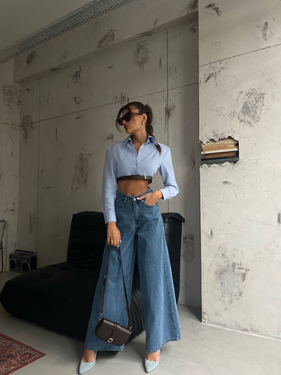 Stilinigiy Vatkalı Crop Mavi Gömlek - pleasureofsilk