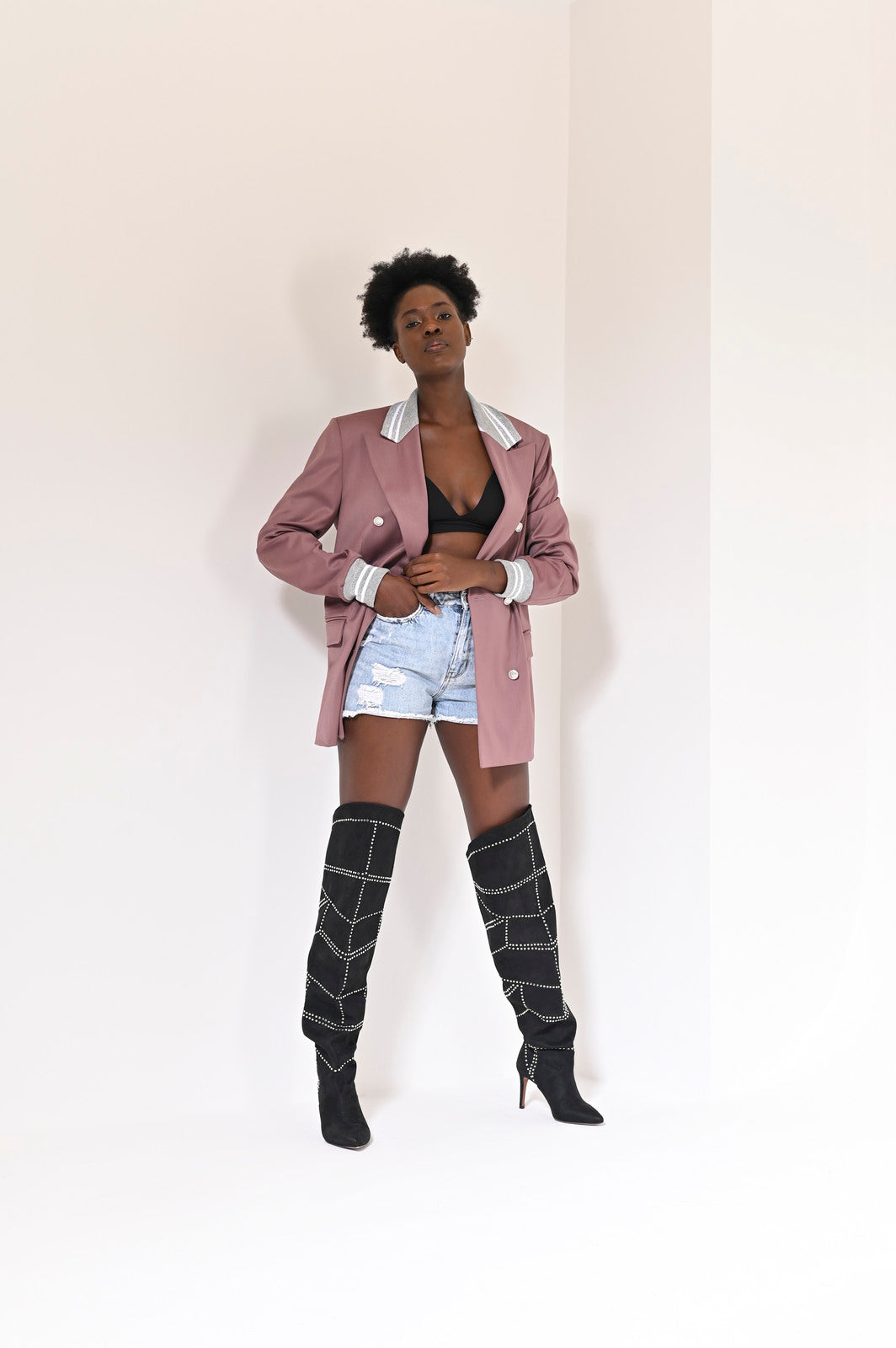 Ribbed Formality Wool Jacket Pink - pleasureofsilk